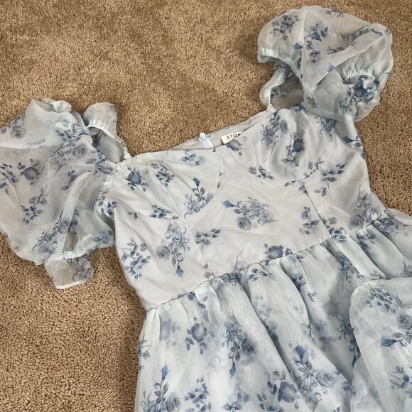 Storia Dress Womens M Blue Floral Coquette Ruffle Milkmaid Corset Puff Wedding - Picture 5 of 11